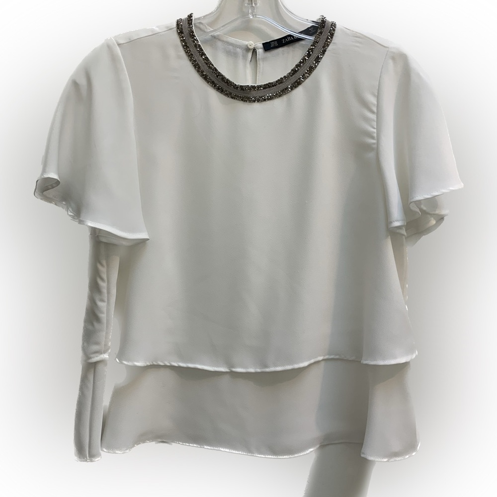 Zara White Blouse with Embellished Sequins Rhinestone Collar